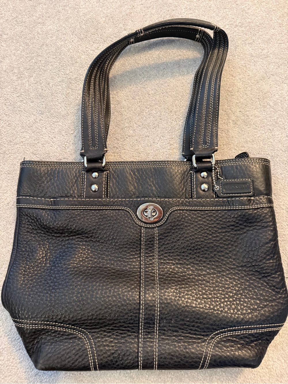 Coach Black Women's Leather Tote Bag with Turn-Lock Closure